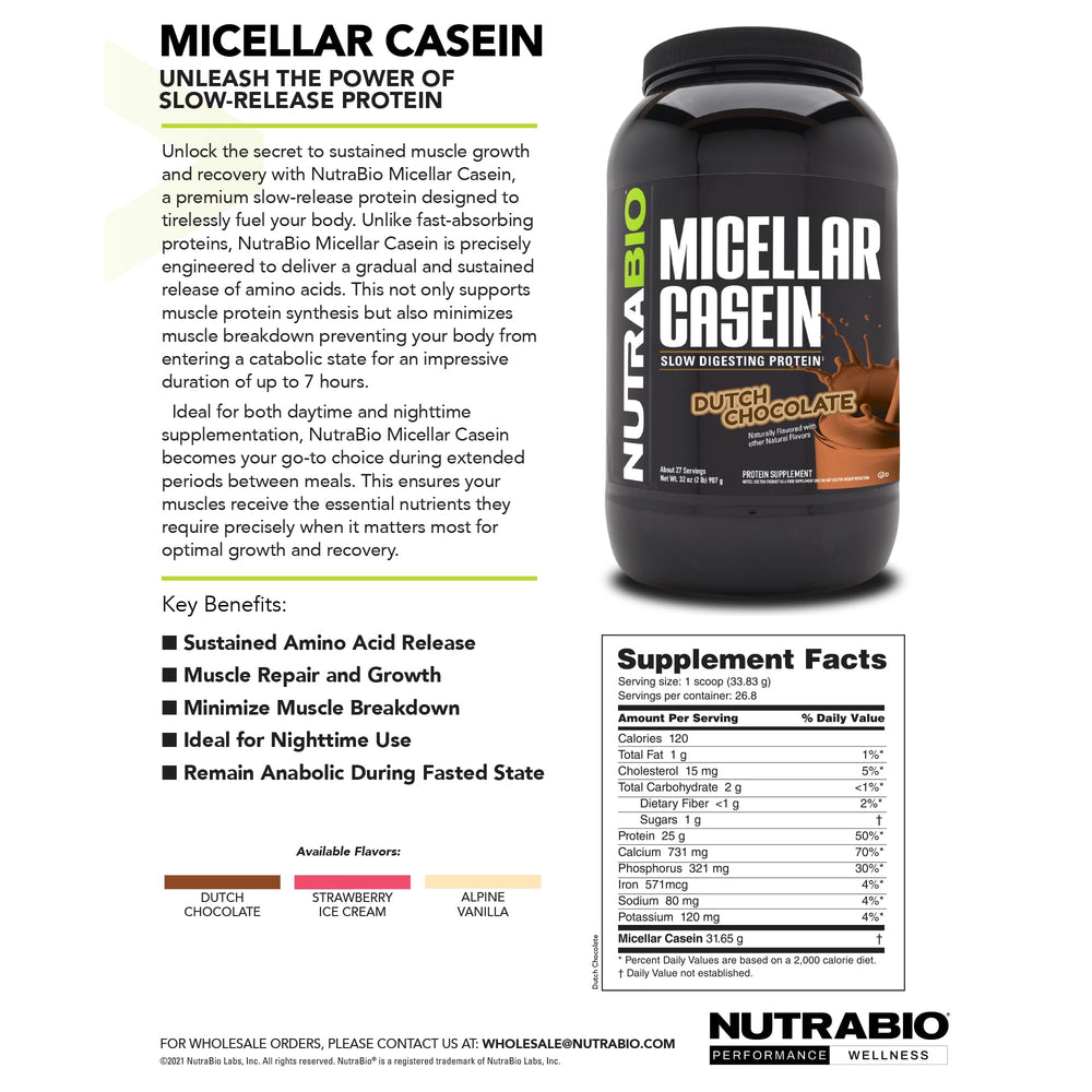 NutraBio casein powder 2lb vanilla studio shot with product display