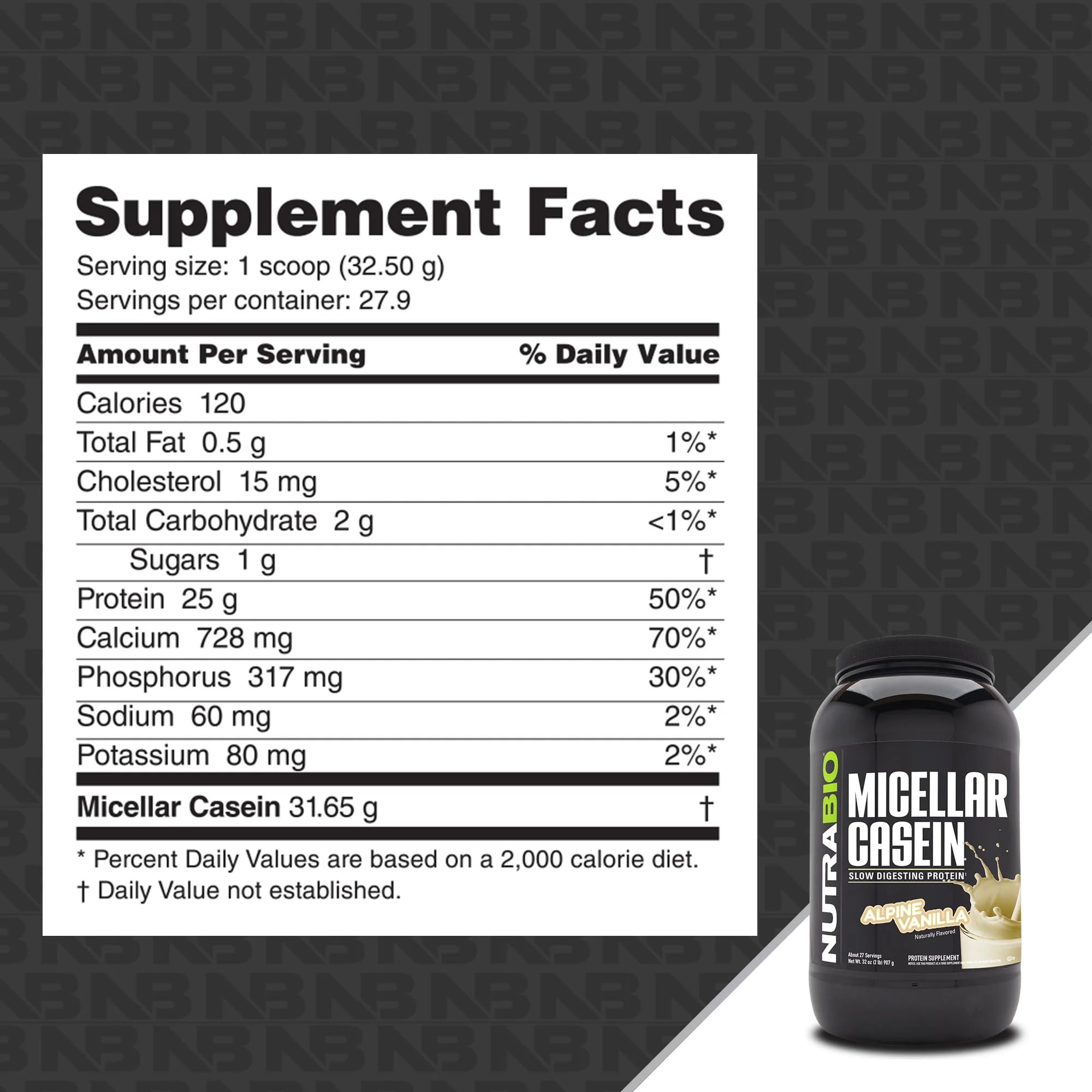 NutraBio casein powder scoop illustrating portion control for sustained amino supply