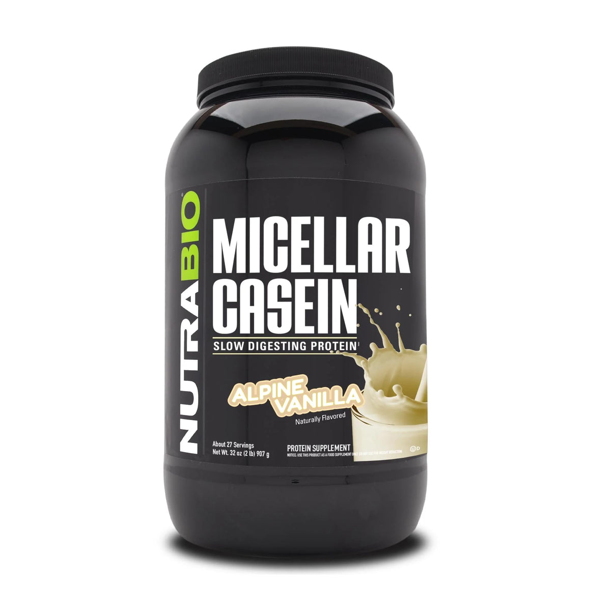 NutraBio casein protein powder vanilla bottle showing slow-digesting overnight recovery concept