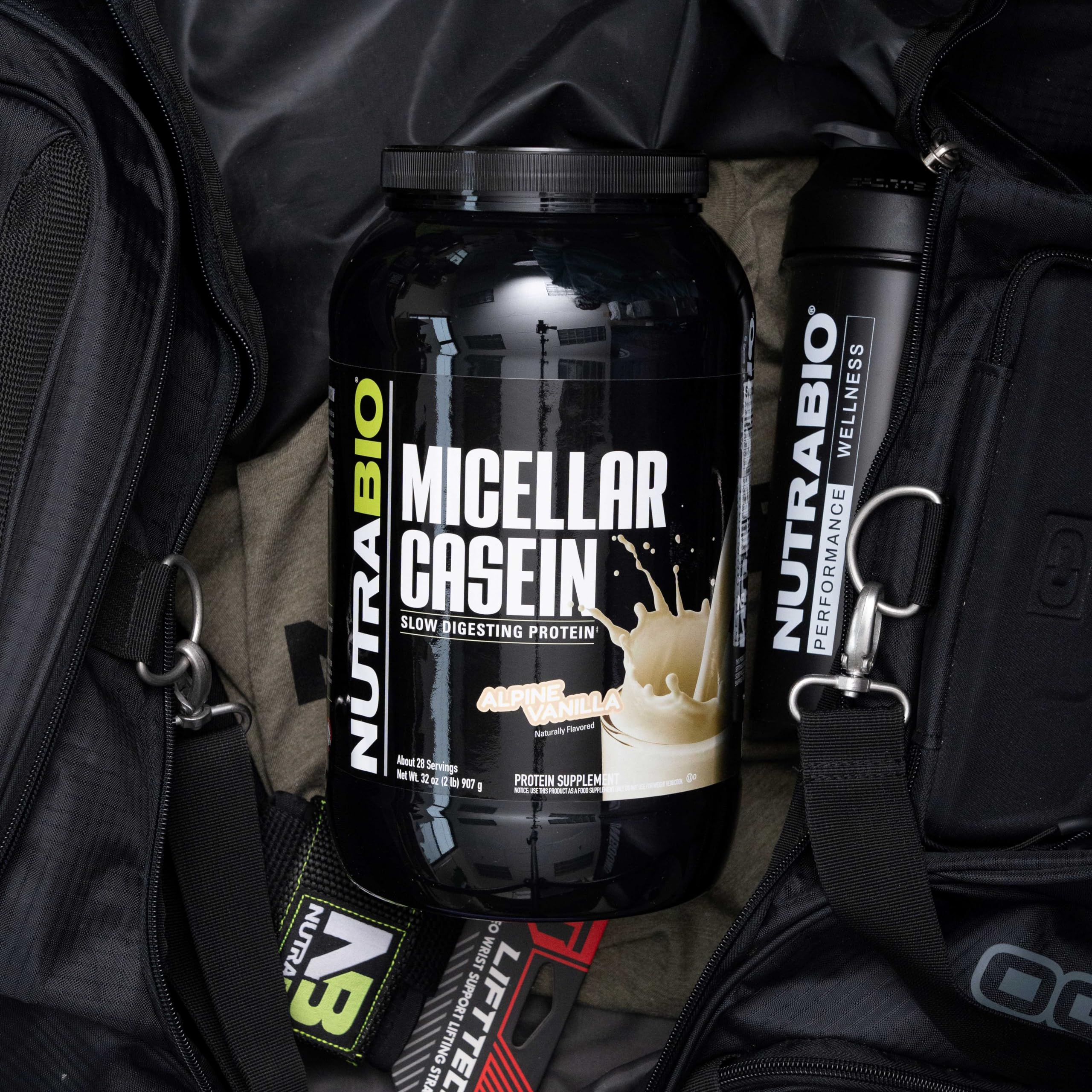 NutraBio casein powder vanilla packet showing ready-to-use format