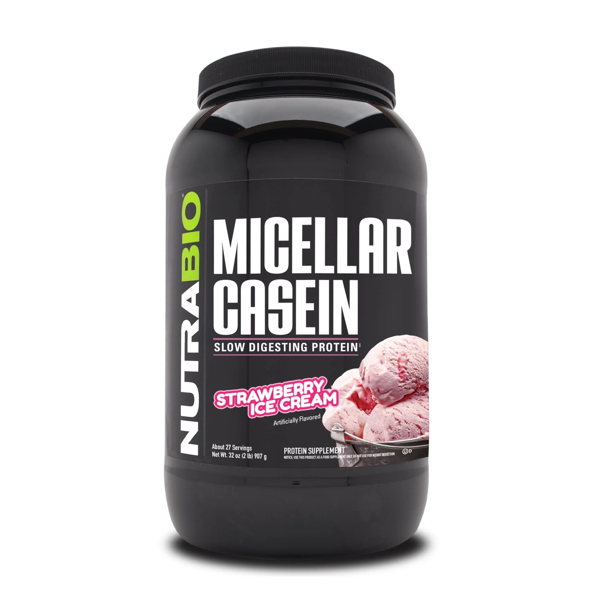 NutraBio Casein strawberry ice cream tub highlighting slow-release protein for overnight recovery