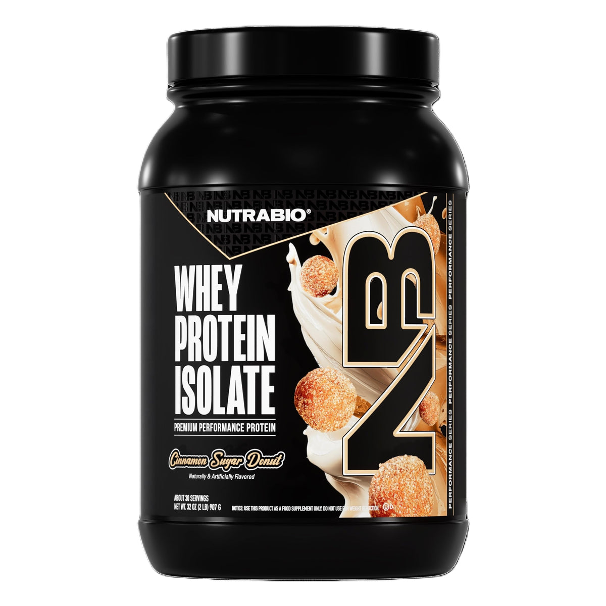 NutraBio Cinnamon Sugar Donut whey tub ready for a protein-packed routine