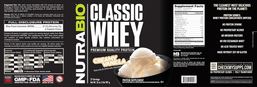 NutraBio Classic Whey 2 lb canister on shelf, durable packaging.