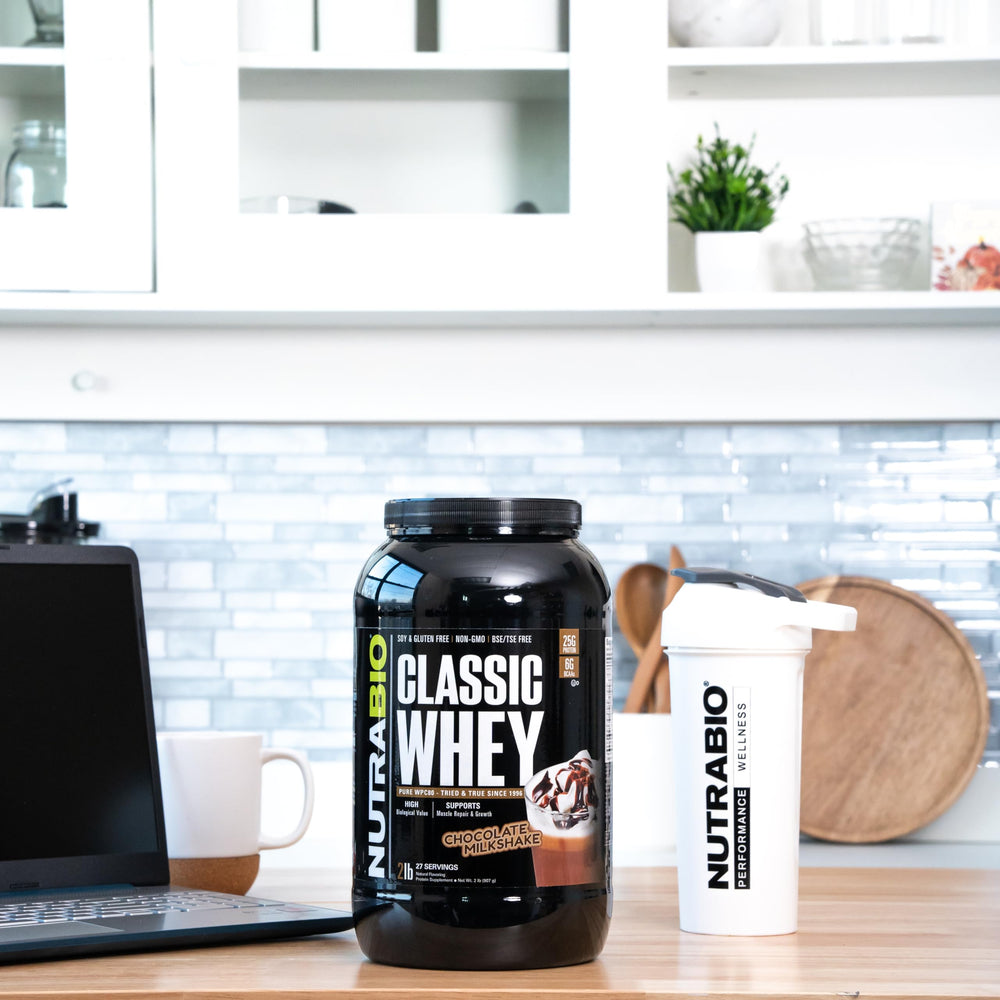 NutraBio Classic Whey label close-up showing WPC80 source and transparent ingredients