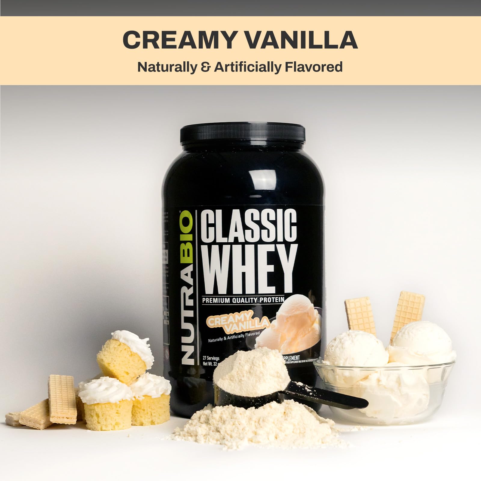 Label close-up of NutraBio Classic Whey showing transparent ingredients.