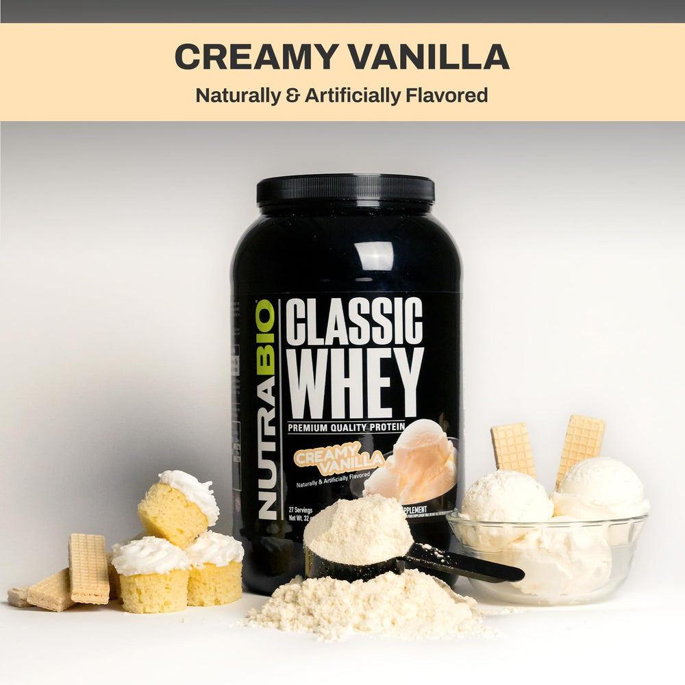 Label close-up of NutraBio Classic Whey showing transparent ingredients.