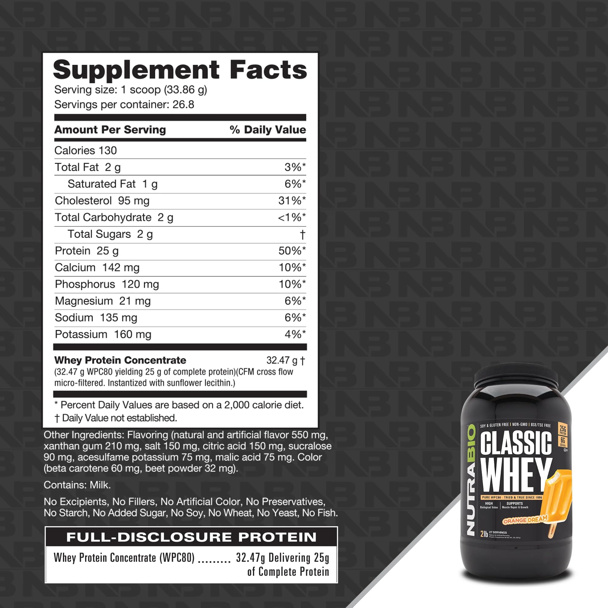 NutraBio Classic Whey full-disclosure label emphasizes no fillers