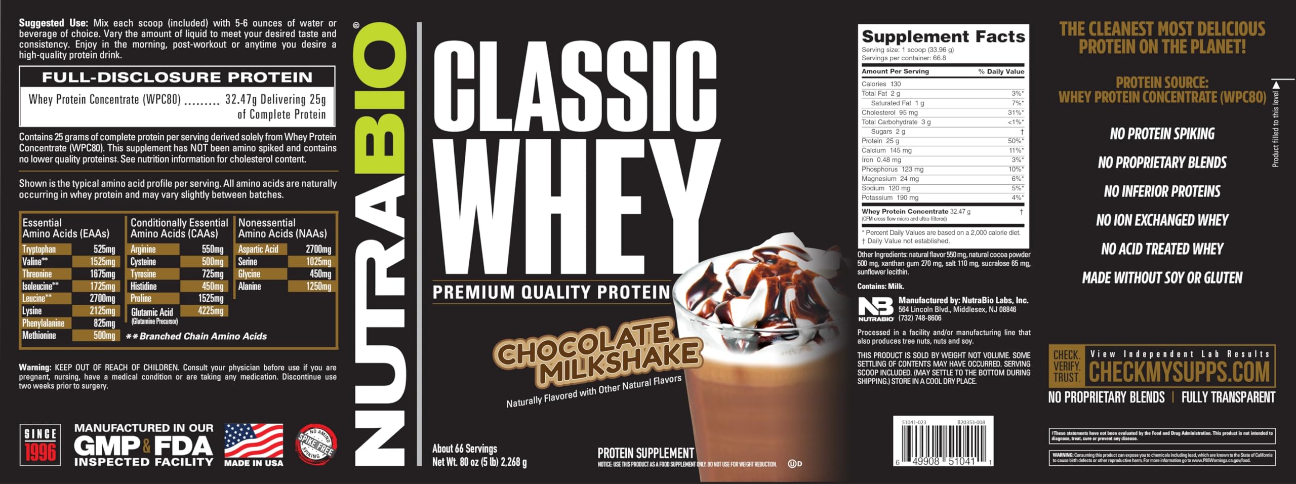 NutraBio Classic Whey milkshake glass with rich chocolate flavor.