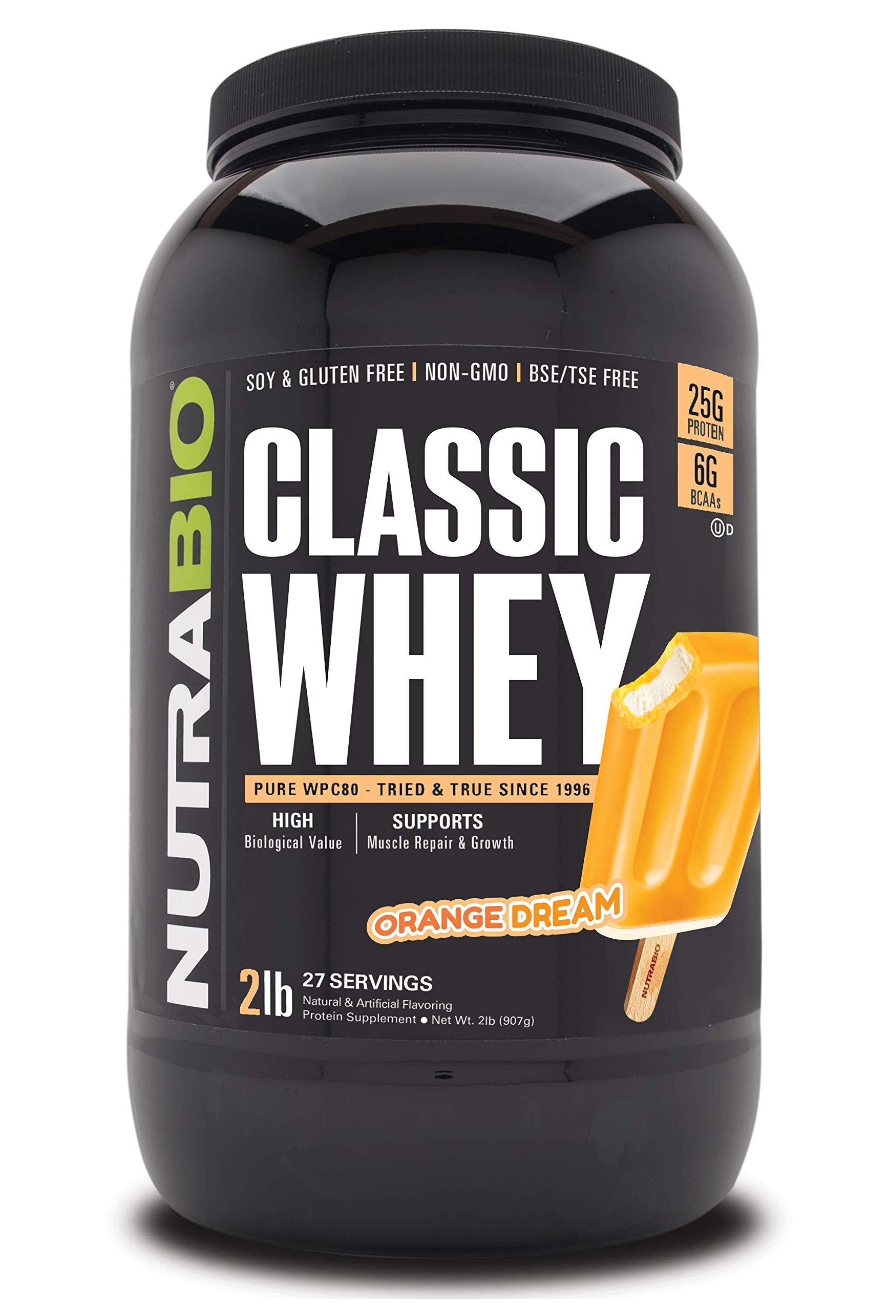 NutraBio Classic Whey Orange Dream tub showcasing clear label for quality protein