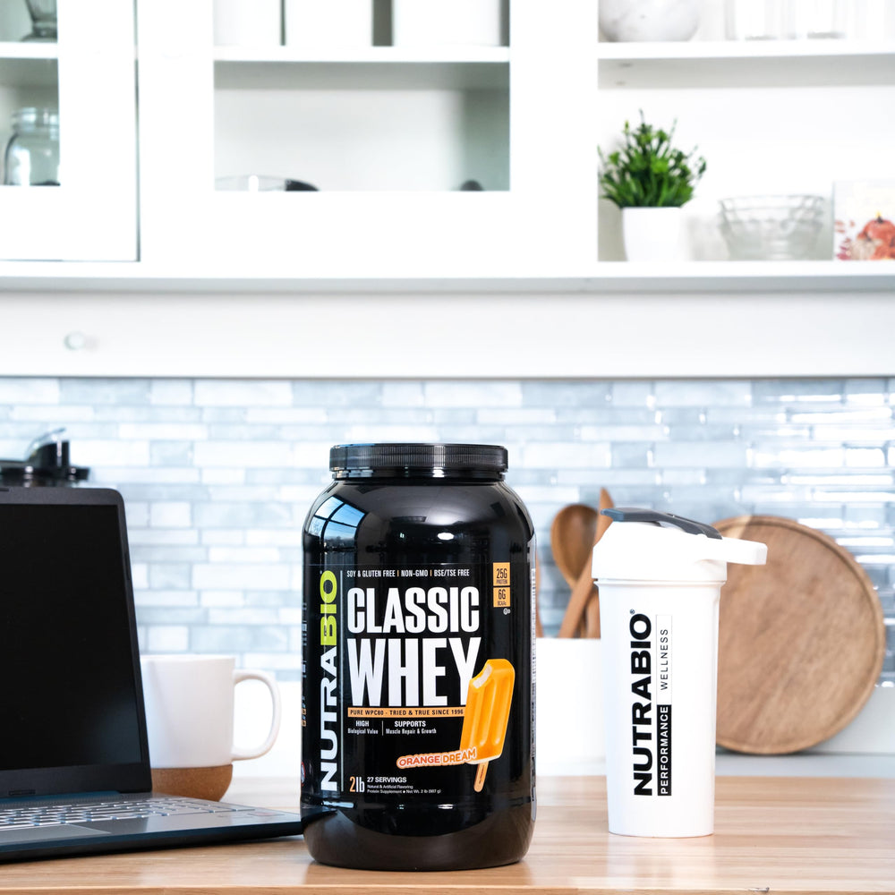 NutraBio Classic Whey pour demonstrating easy mixability