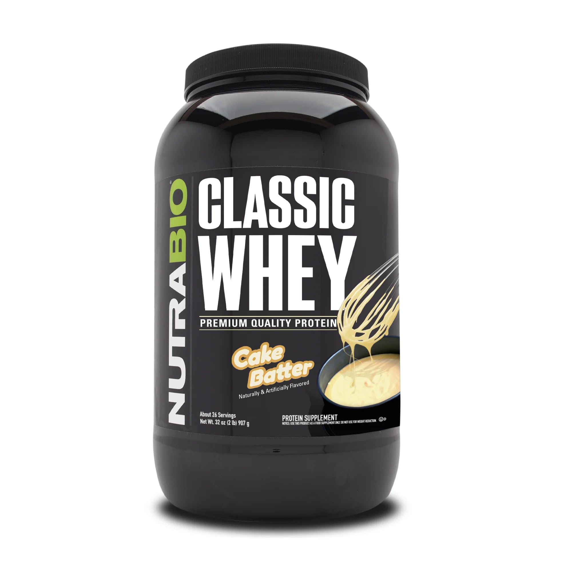 NutraBio Classic Whey Cake Batter powder tub for easy daily protein.