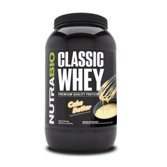 NutraBio Classic Whey Cake Batter powder tub for easy daily protein.