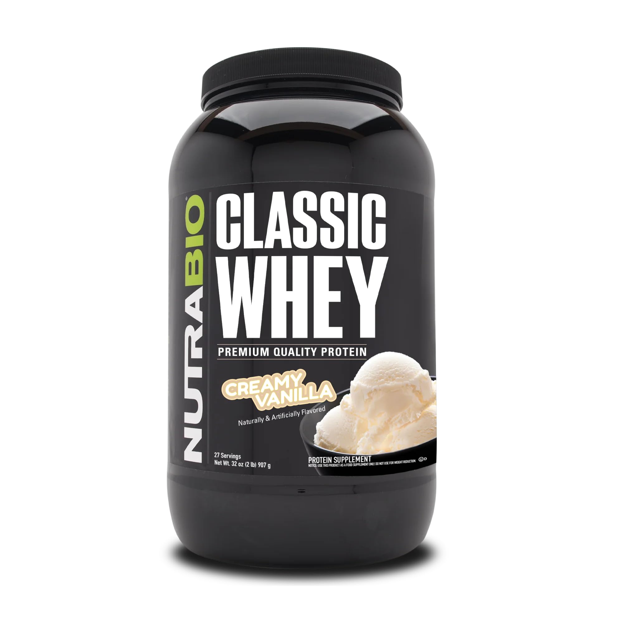 NutraBio Classic Whey powder front view, 2 lb canister.