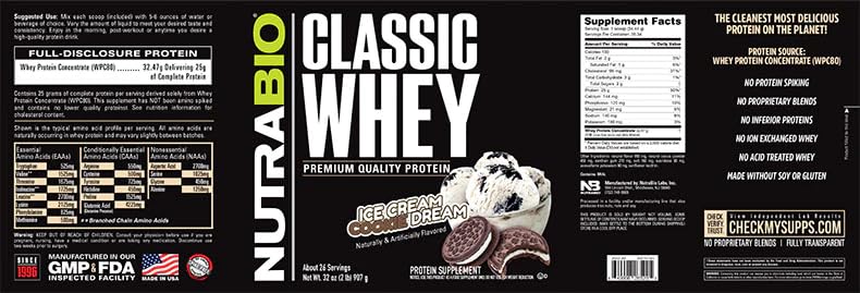 NutraBio Classic Whey protein serving spoon beside the tub for easy daily use.