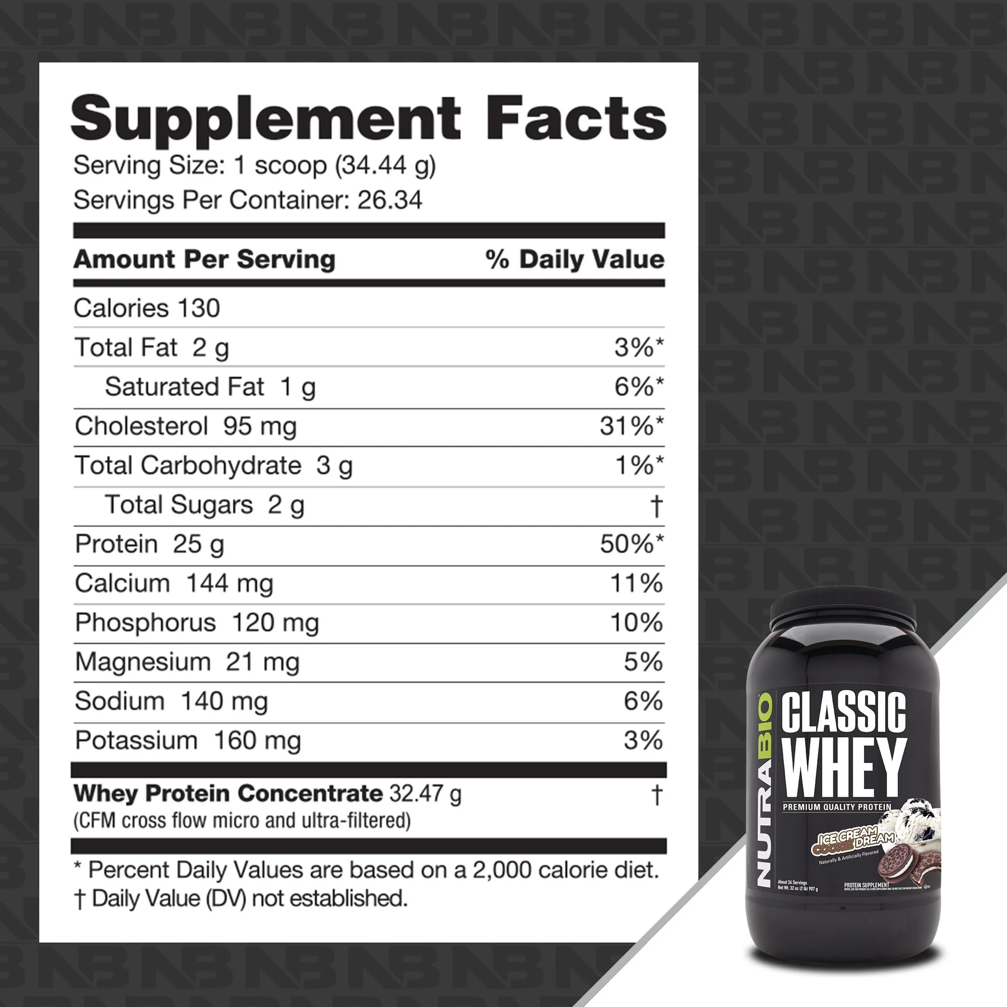 NutraBio Classic Whey protein tub back showing nutrition panel for intake guidance.