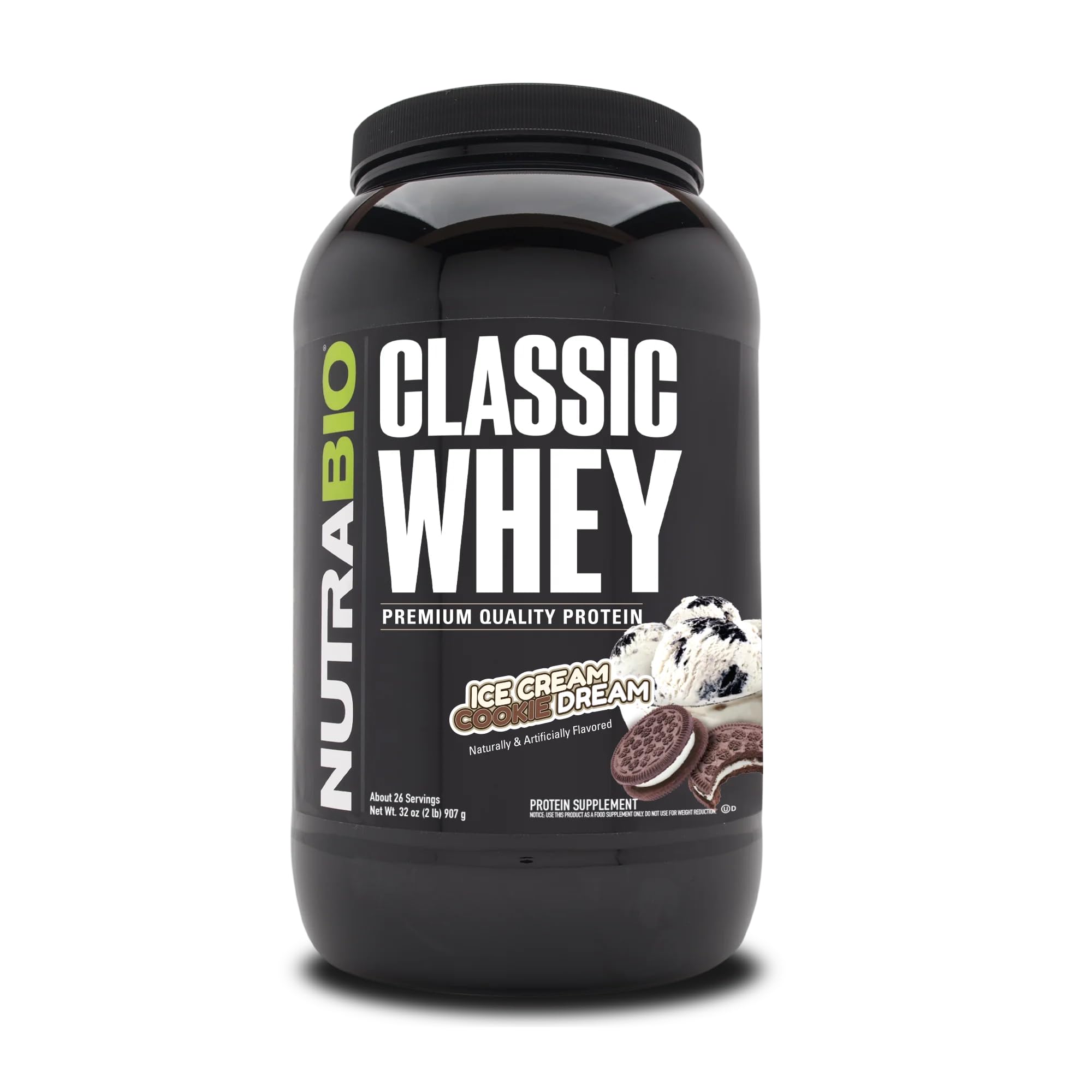 NutraBio Classic Whey protein tub front with Ice Cream Cookie Dream flavor for daily fueling.