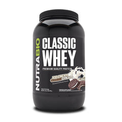 NutraBio Classic Whey protein tub front with Ice Cream Cookie Dream flavor for daily fueling.