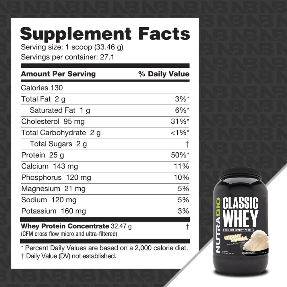 Scoop dispensing NutraBio Classic Whey for a quick protein boost.