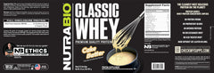 NutraBio Classic Whey scoop in shaker for quick, smooth shakes.