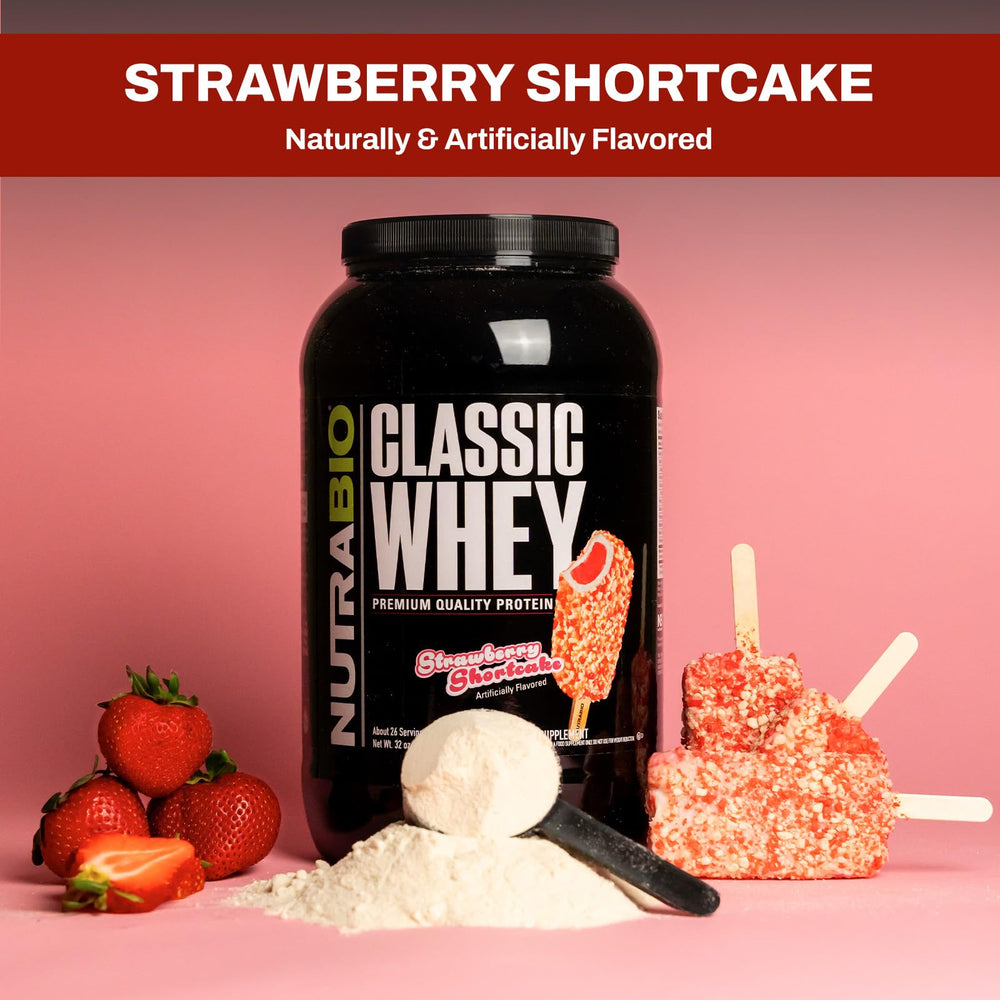 NutraBio Classic Whey strawberry shortcake tub showcases flavor profile