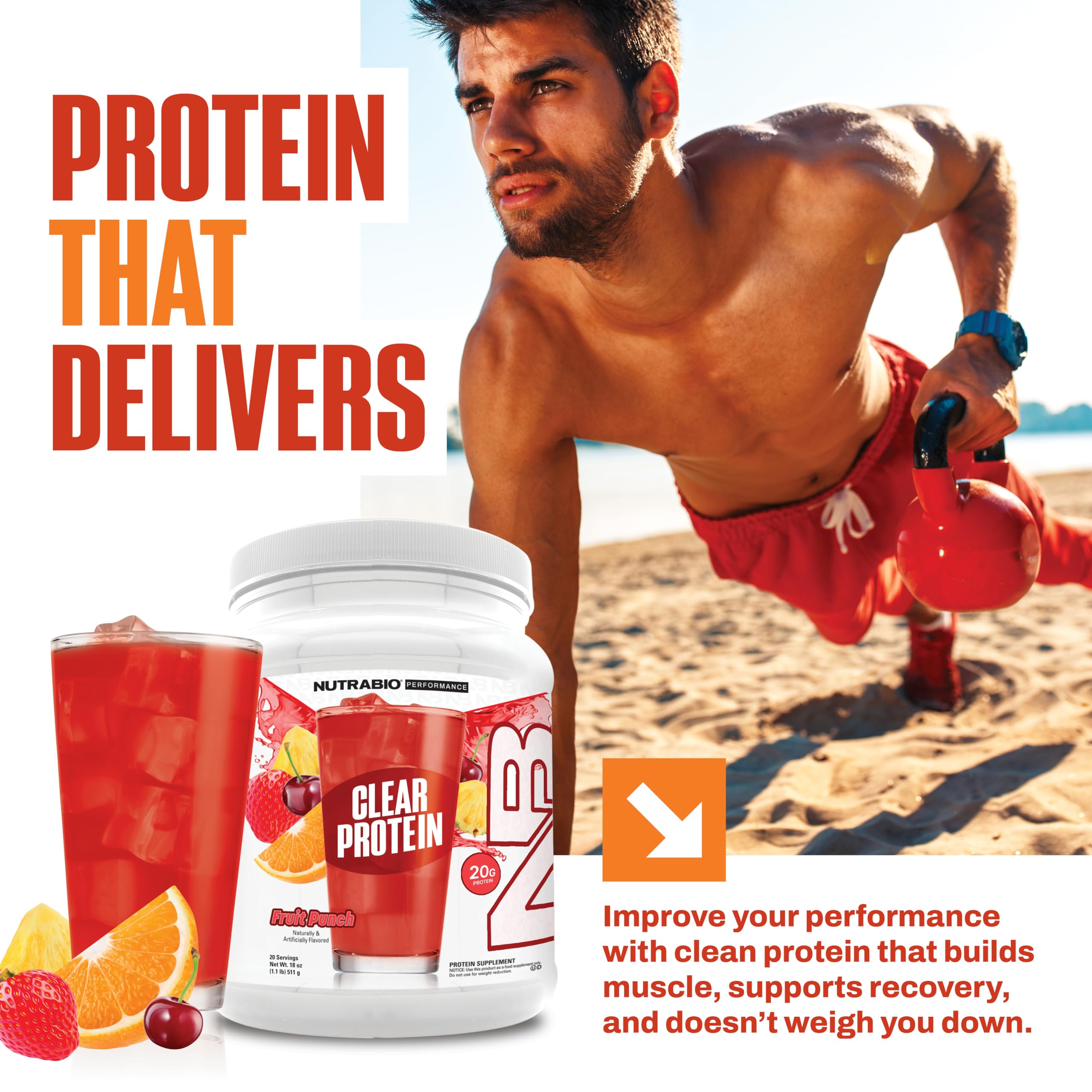 Cold glass of NutraBio Clear Fruit Punch ready to sip after training