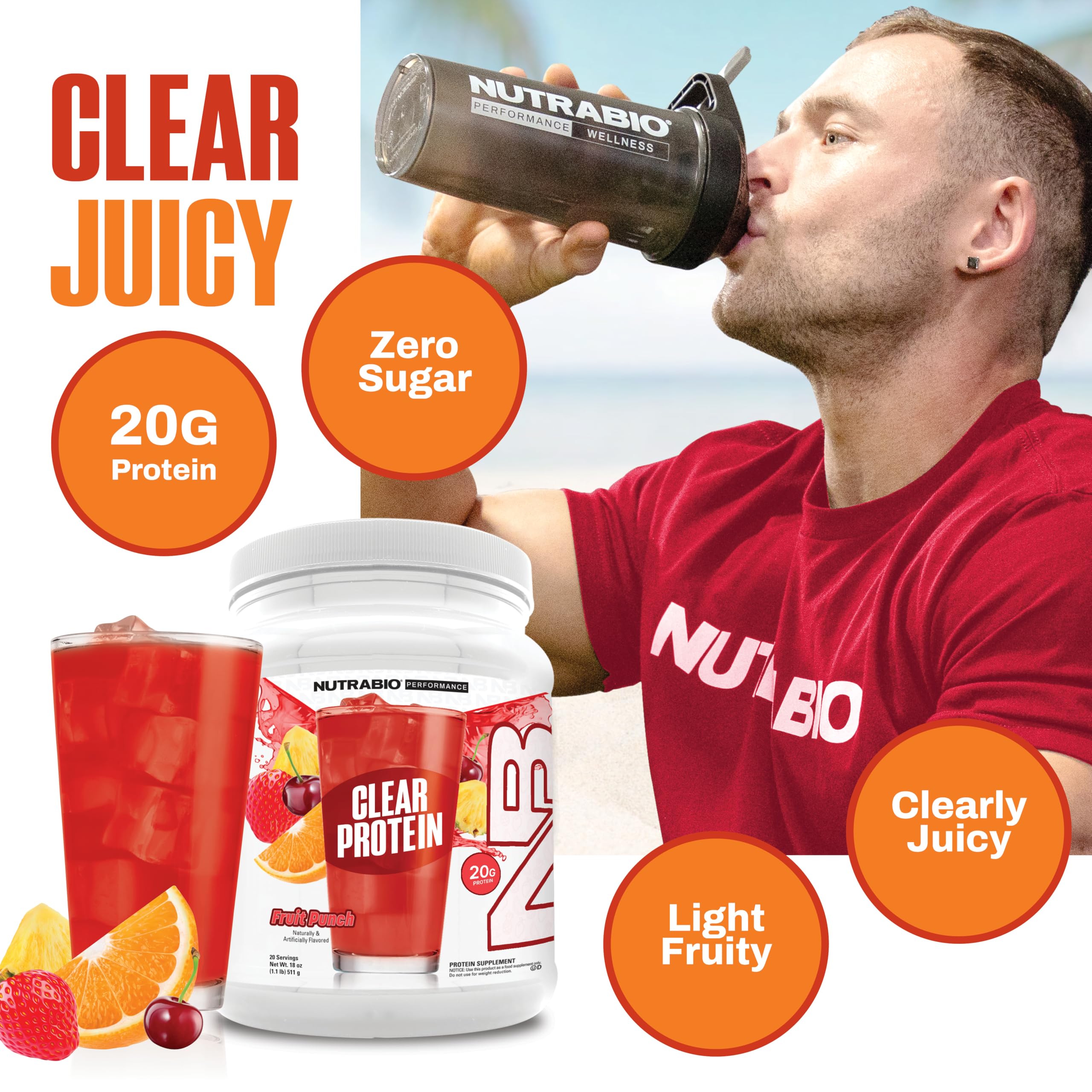 NutraBio Clear Fruit Punch label highlights 20 g protein per serving