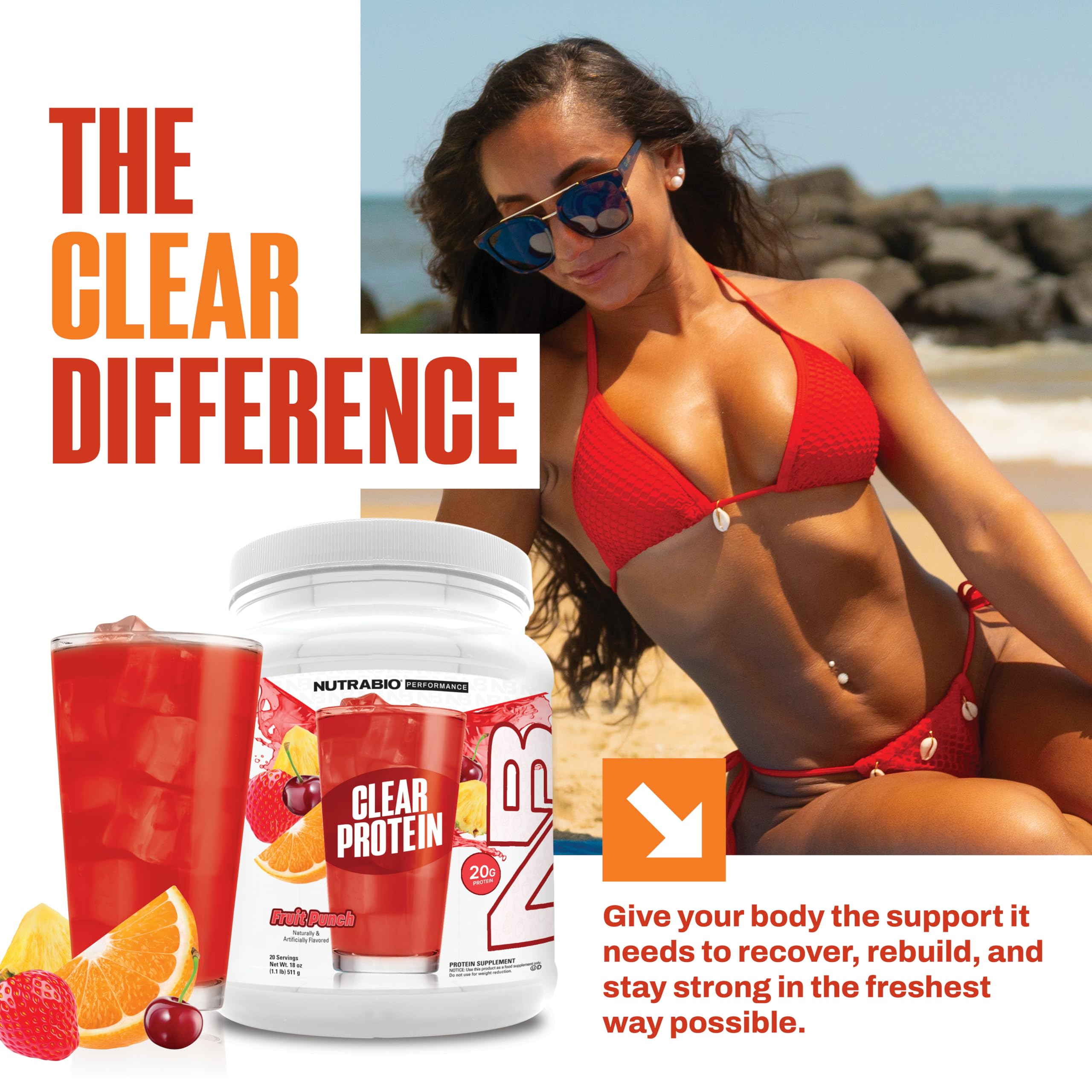 Shaker bottle blending NutraBio Clear Fruit Punch into a foam-free drink