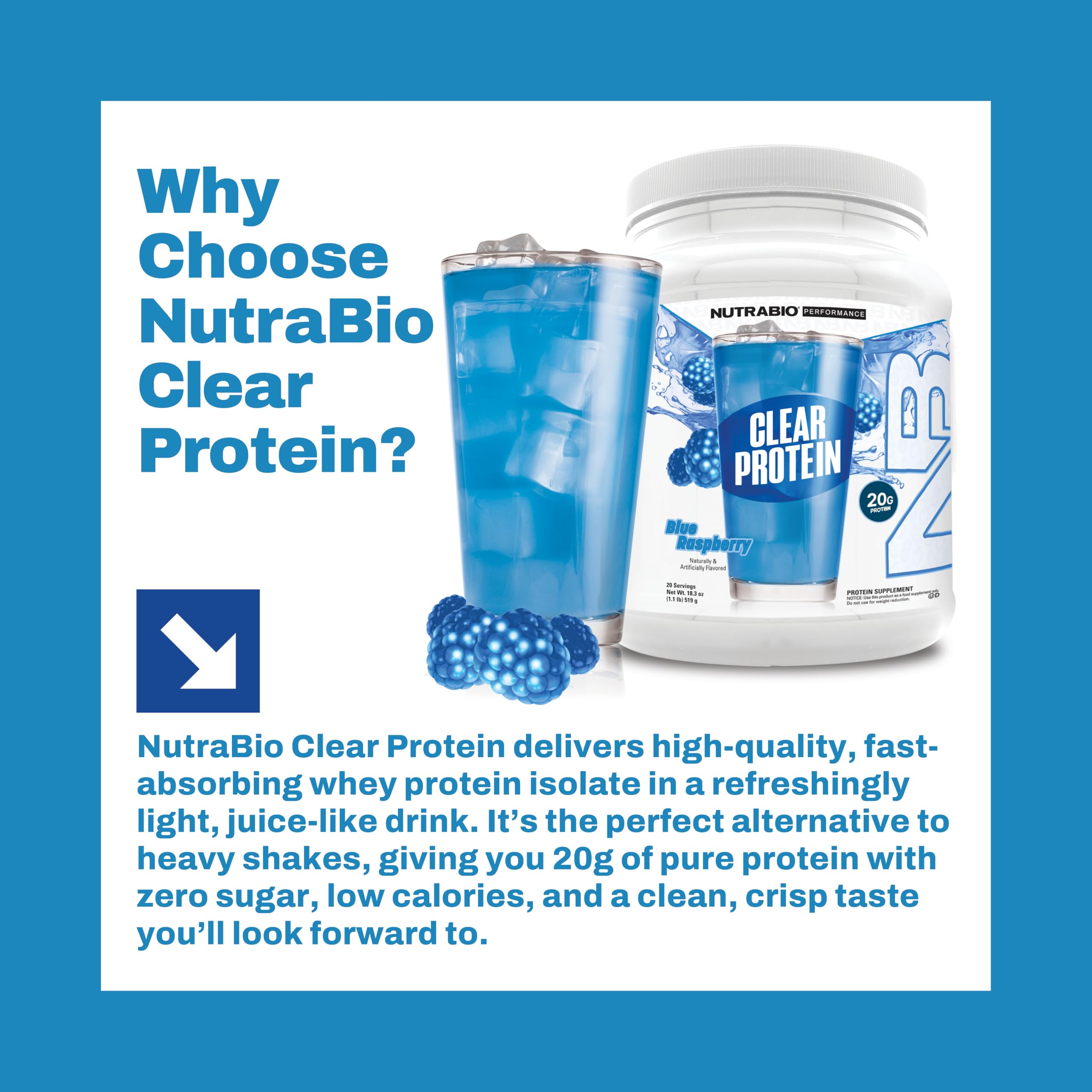 NutraBio Clear Whey Blue Raspberry bottle demonstrates foam-free texture.