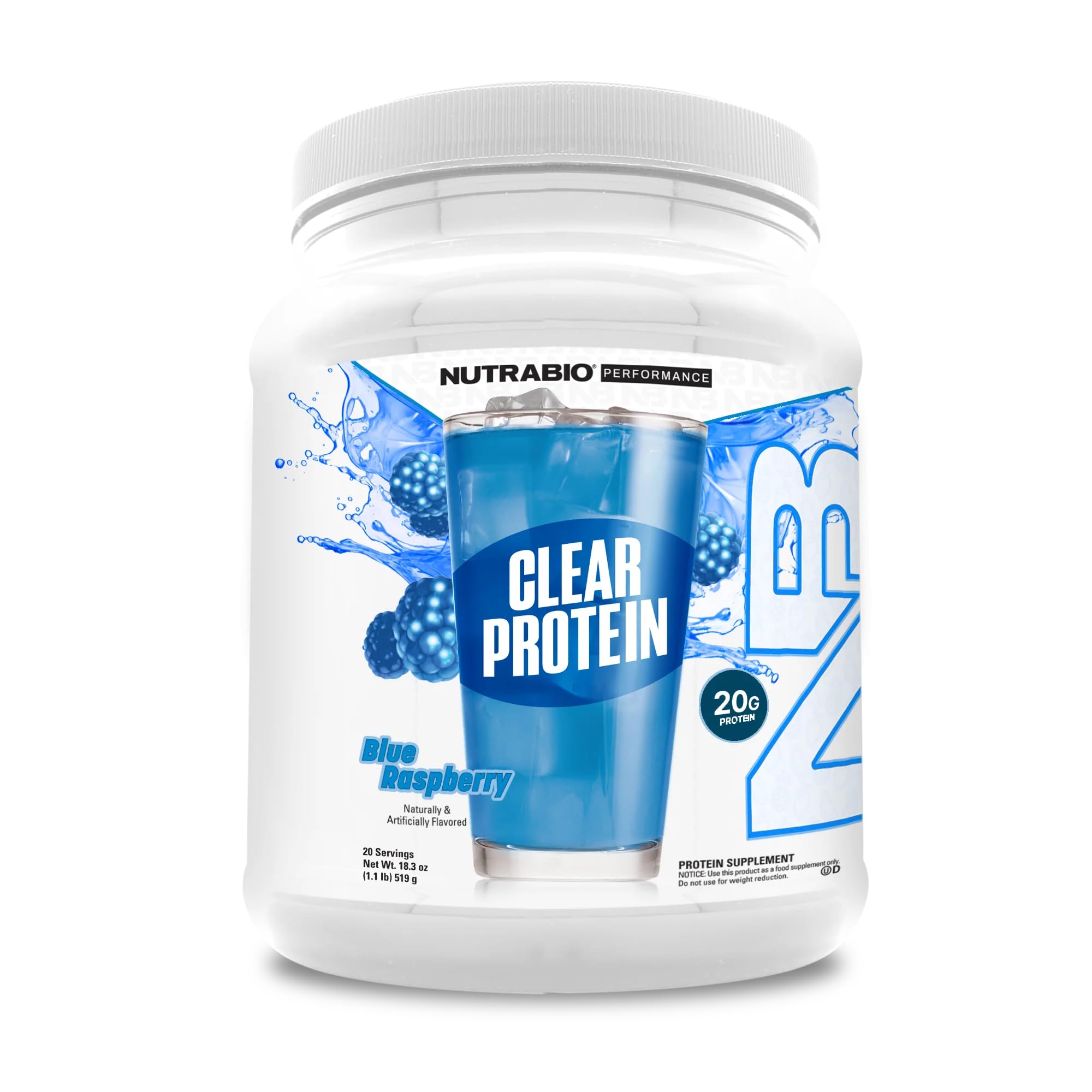 NutraBio Clear Whey Blue Raspberry bottle for refreshing post-workout hydration.