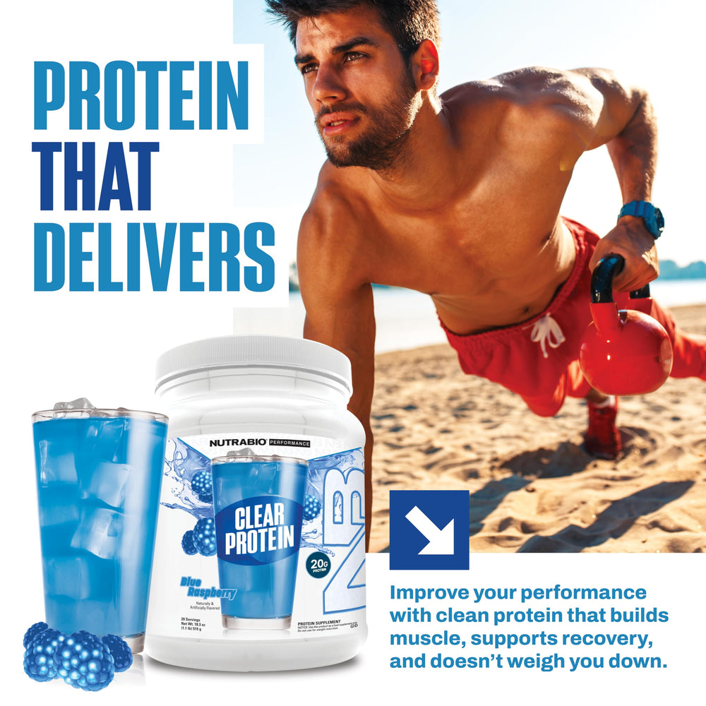 NutraBio Clear Whey Blue Raspberry in an ice-cold cup tastes refreshing.