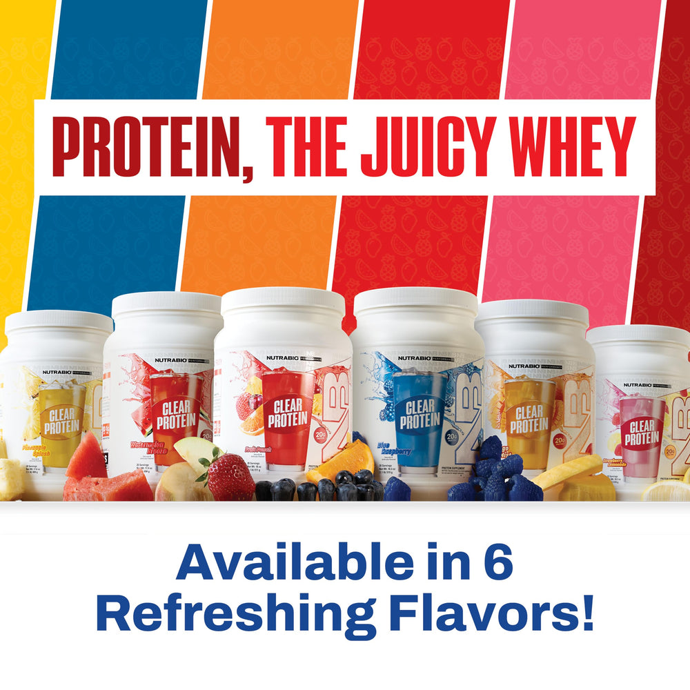 NutraBio Clear Whey Blue Raspberry kitchen setup for daily workouts.