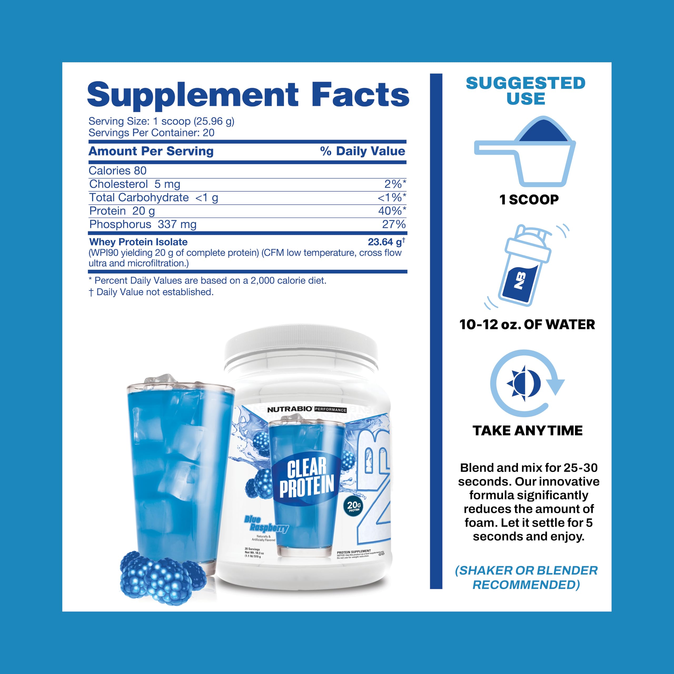 NutraBio Clear Whey Blue Raspberry label clearly shows nutrition per serving.