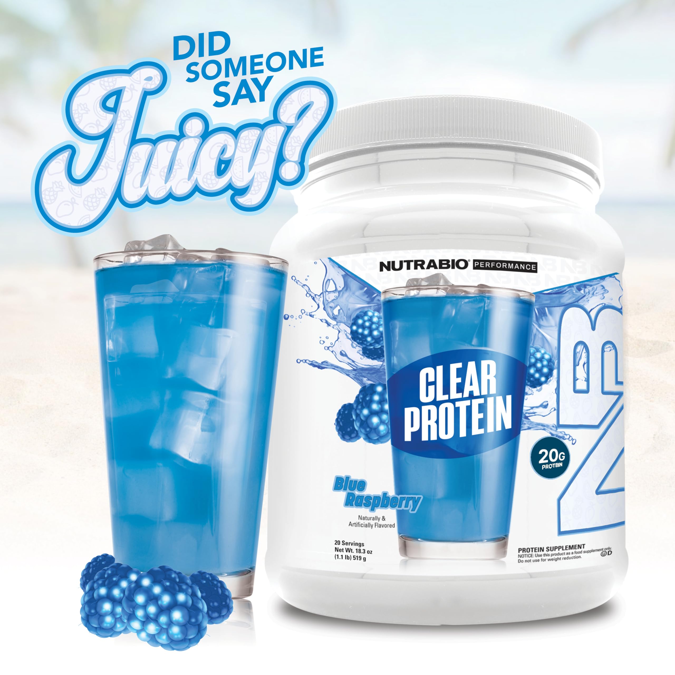 NutraBio Clear Whey Blue Raspberry post-workout shake supports recovery.