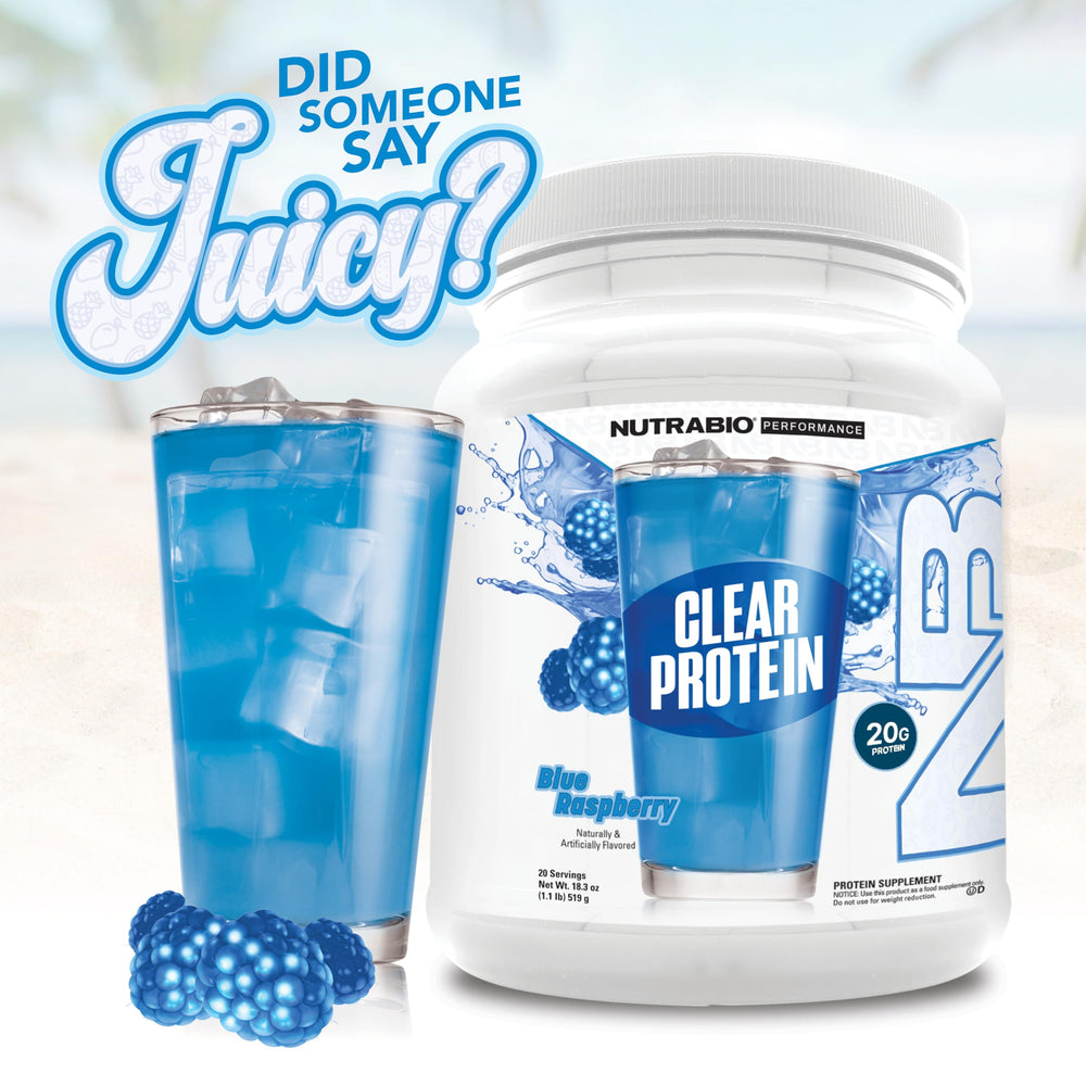 NutraBio Clear Whey Blue Raspberry post-workout shake supports recovery.
