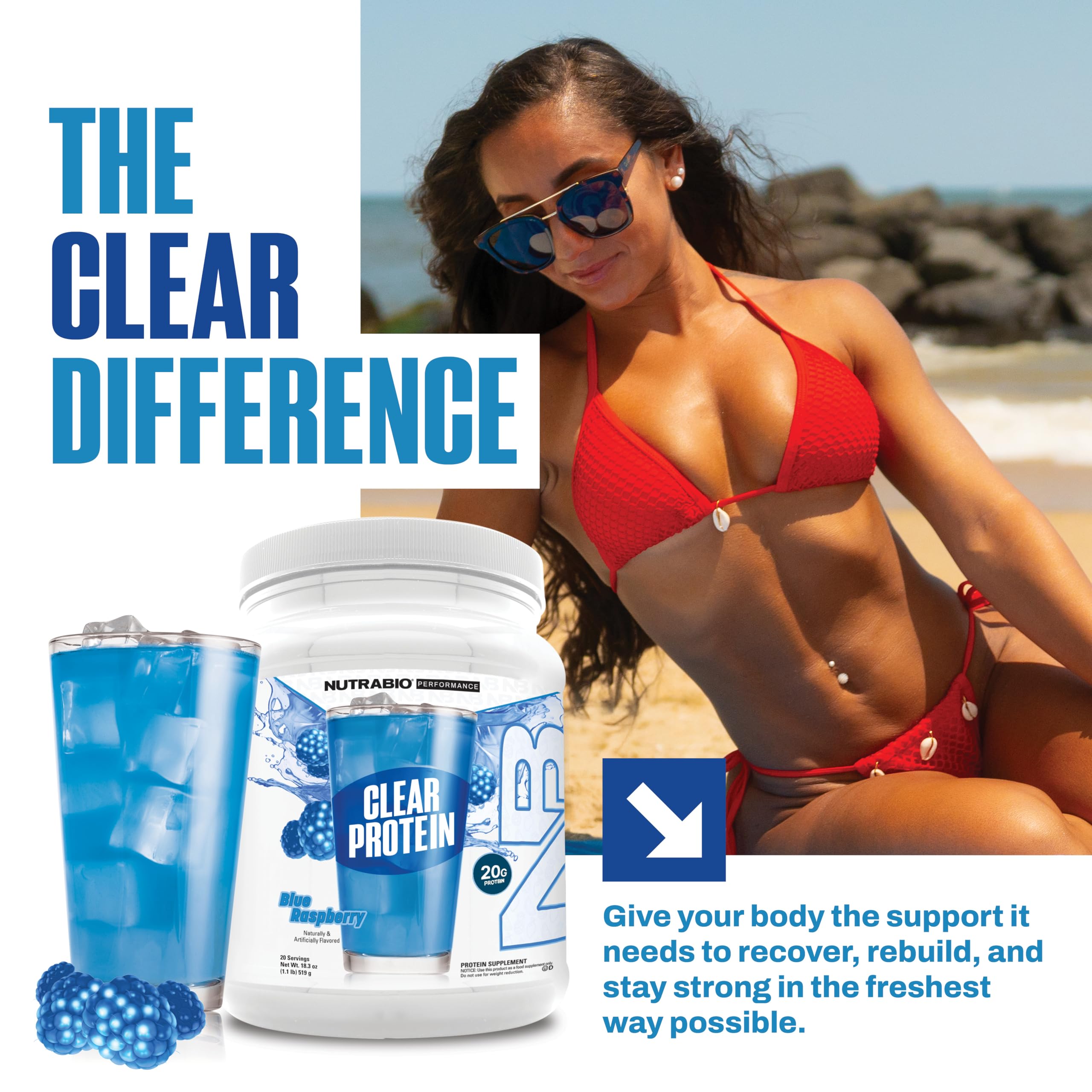 NutraBio Clear Whey Blue Raspberry powder-dispensing container ready to mix.