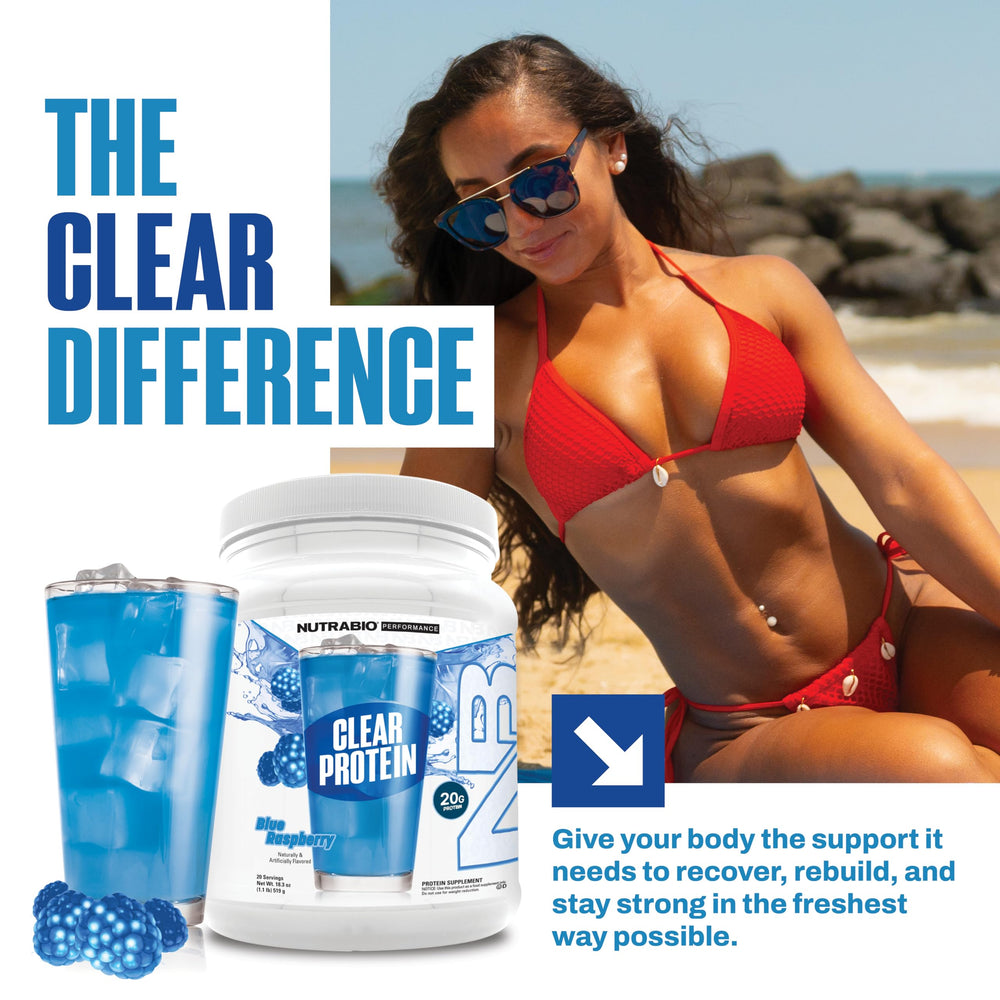 NutraBio Clear Whey Blue Raspberry powder-dispensing container ready to mix.