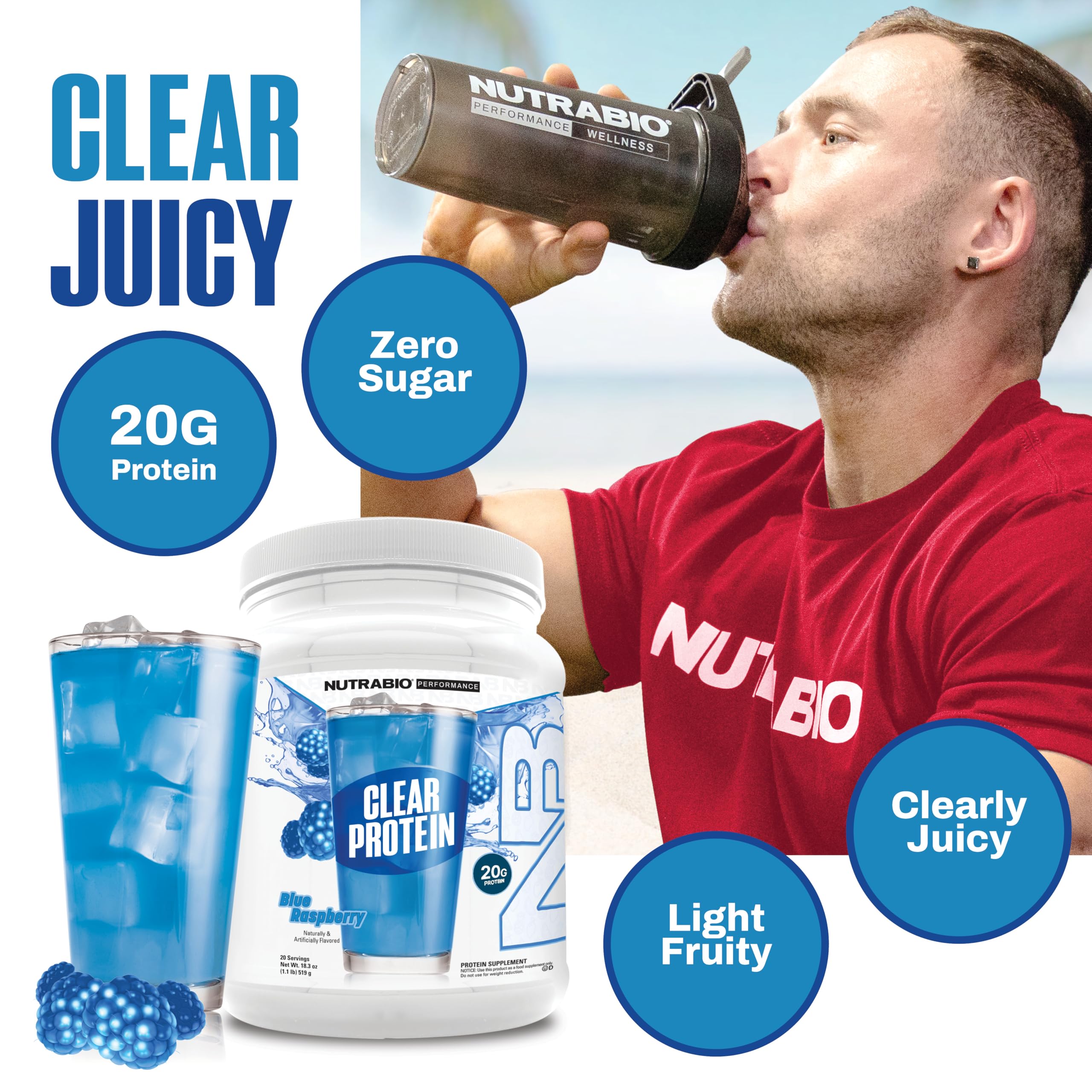 NutraBio Clear Whey Blue Raspberry shaker mixes quickly after training.