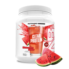 NutraBio Clear Protein Watermelon Breeze bottle pour shows refreshing hydration after training.