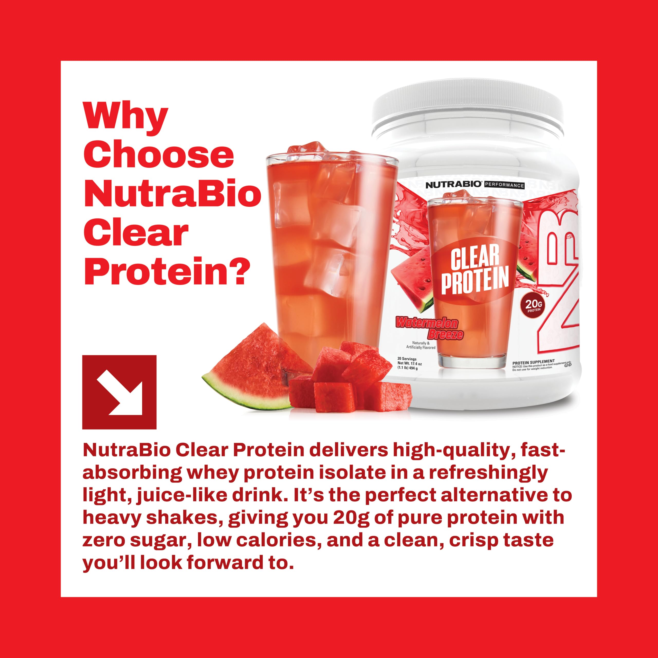 NutraBio Clear Protein Watermelon Breeze cold beverage scene conveys fruit-forward refreshment.