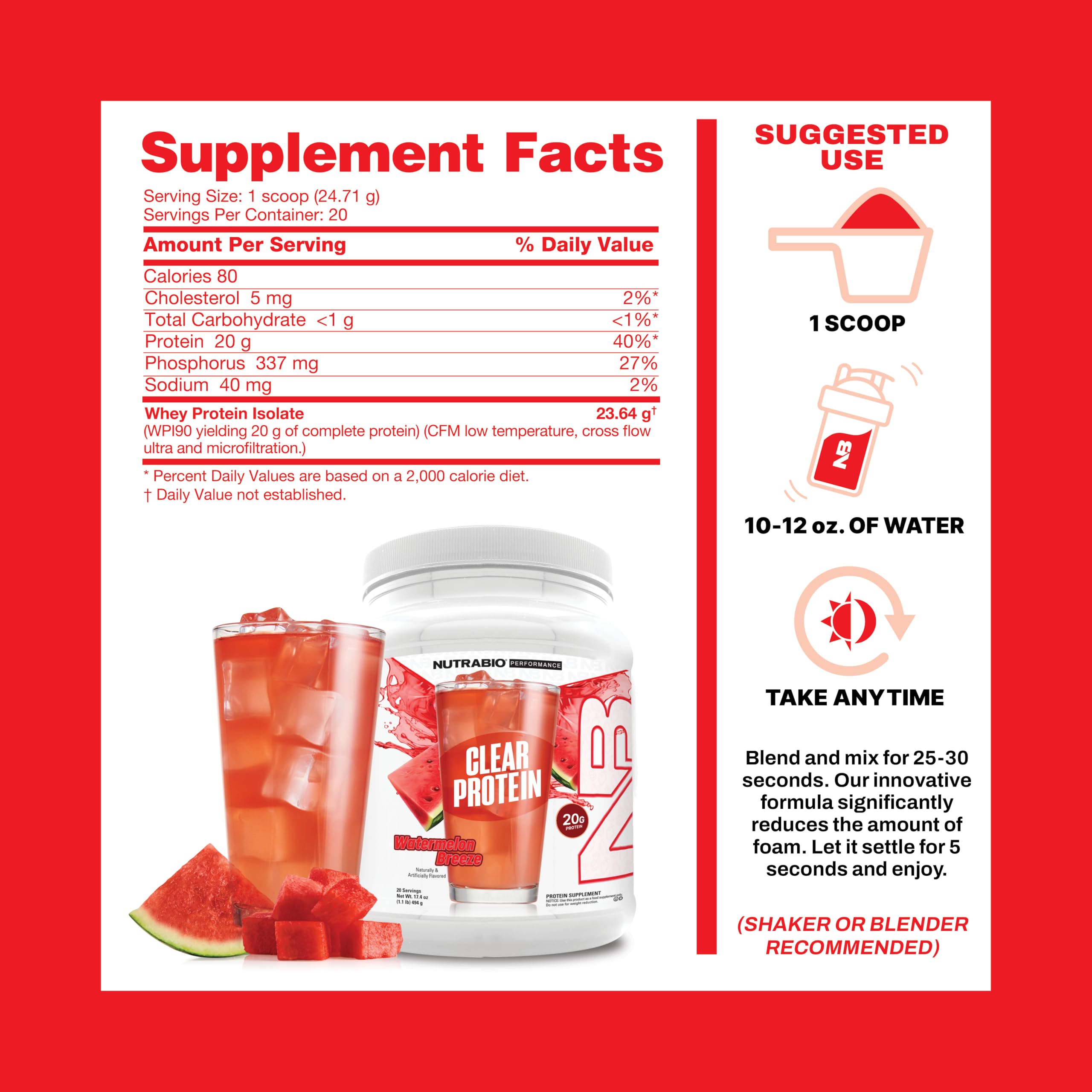 NutraBio Clear Protein Watermelon Breeze foam-free texture suggests fast prep.