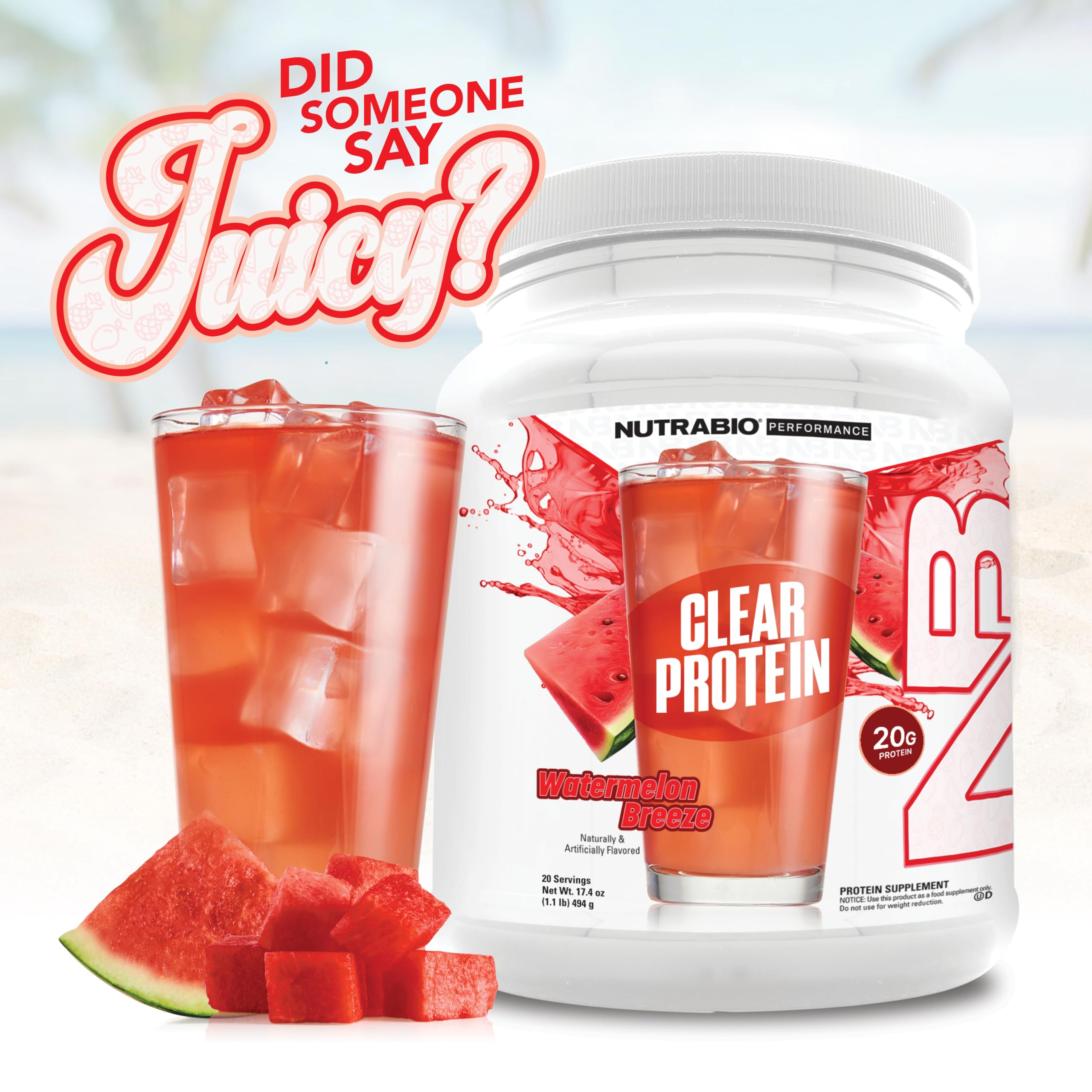 NutraBio Clear Protein Watermelon Breeze fruit-fizz shot showcases low-sugar option.