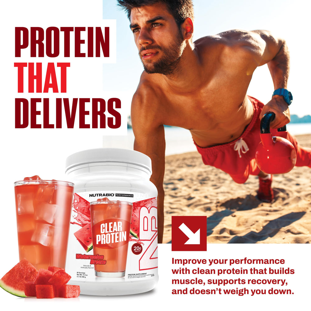 NutraBio Clear Protein Watermelon Breeze label closeup reinforces product transparency.