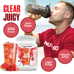 NutraBio Clear Protein Watermelon Breeze shaker-mix demonstrates quick, clean flavor post-workout.