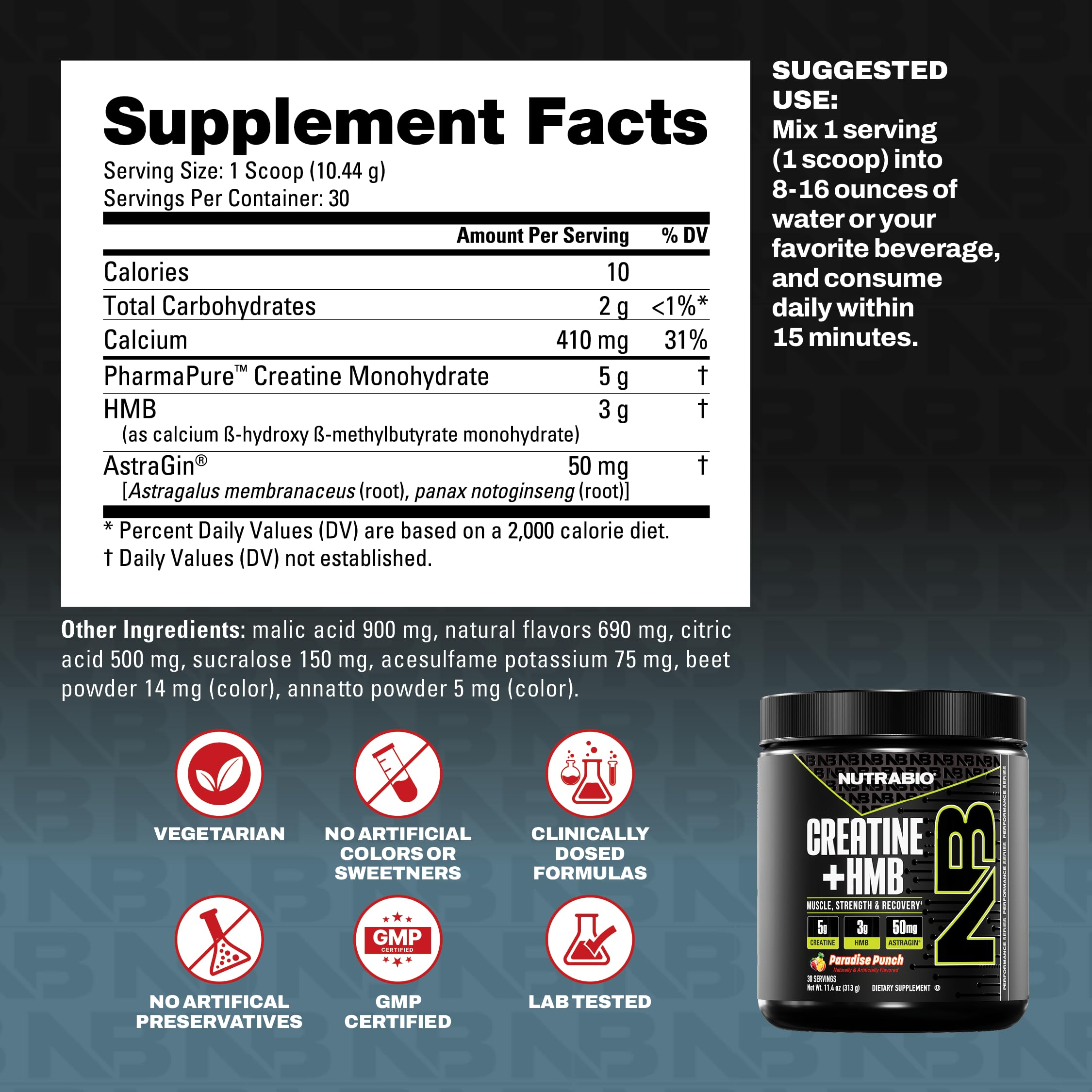 NutraBio Creatine + HMB 30 servings jar on kitchen counter.
