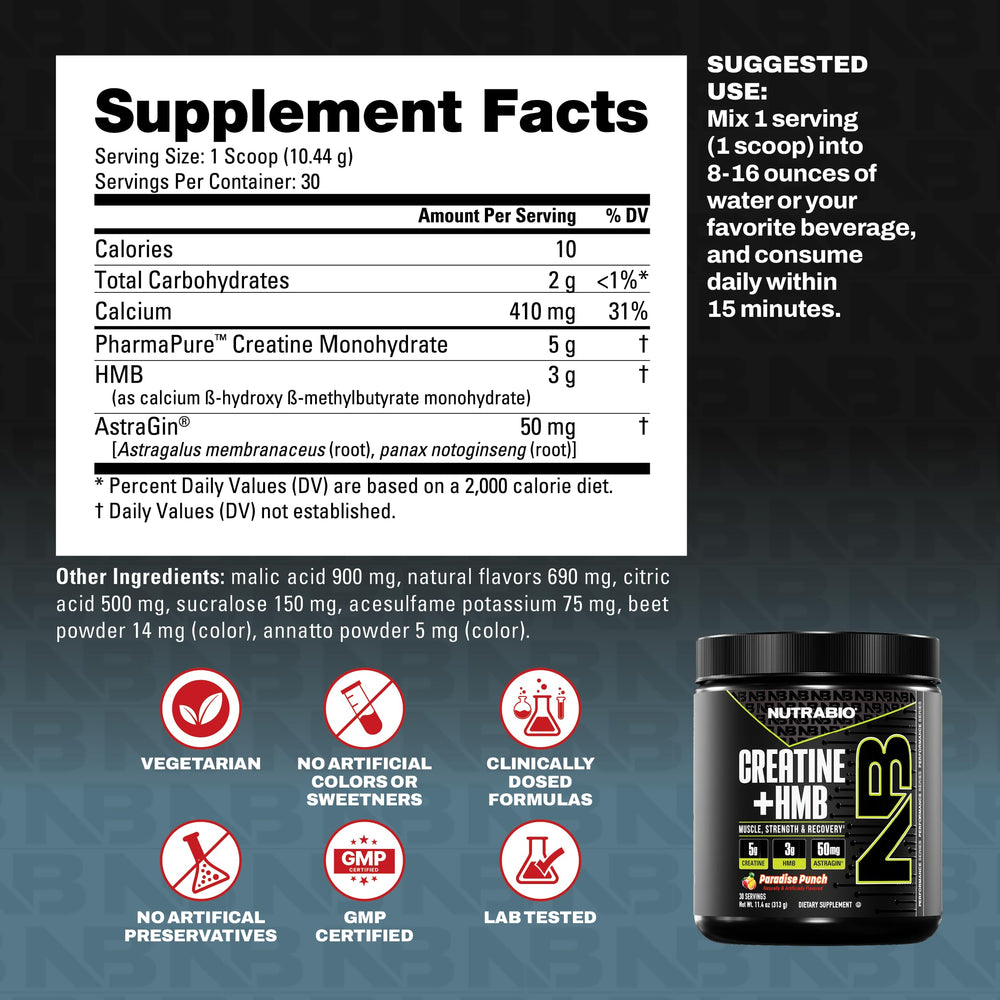NutraBio Creatine + HMB 30 servings jar on kitchen counter.