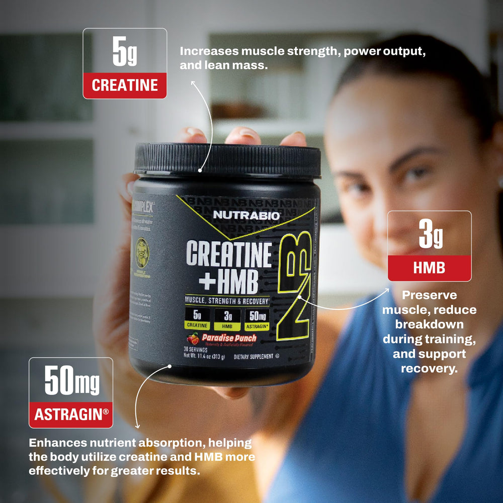 NutraBio Creatine + HMB athlete lifting weights showcasing strength potential.