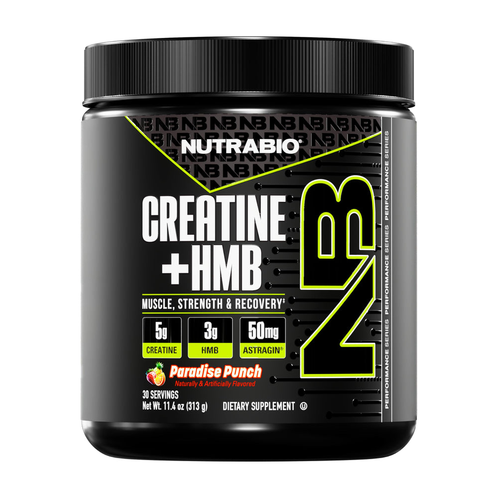 NutraBio Creatine + HMB bottle front for athletic fueling and performance support.