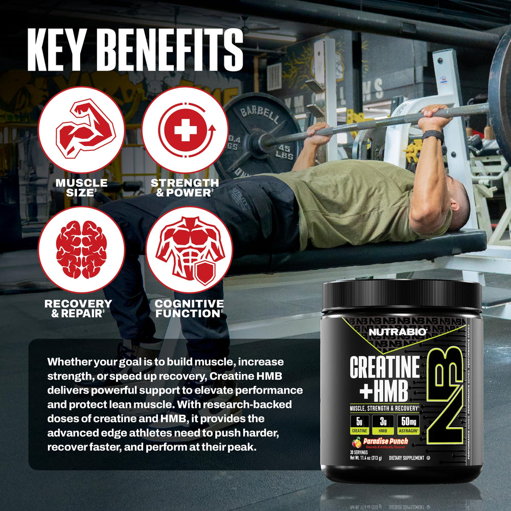 NutraBio Creatine + HMB label closeup shows per-serving 5 g creatine.