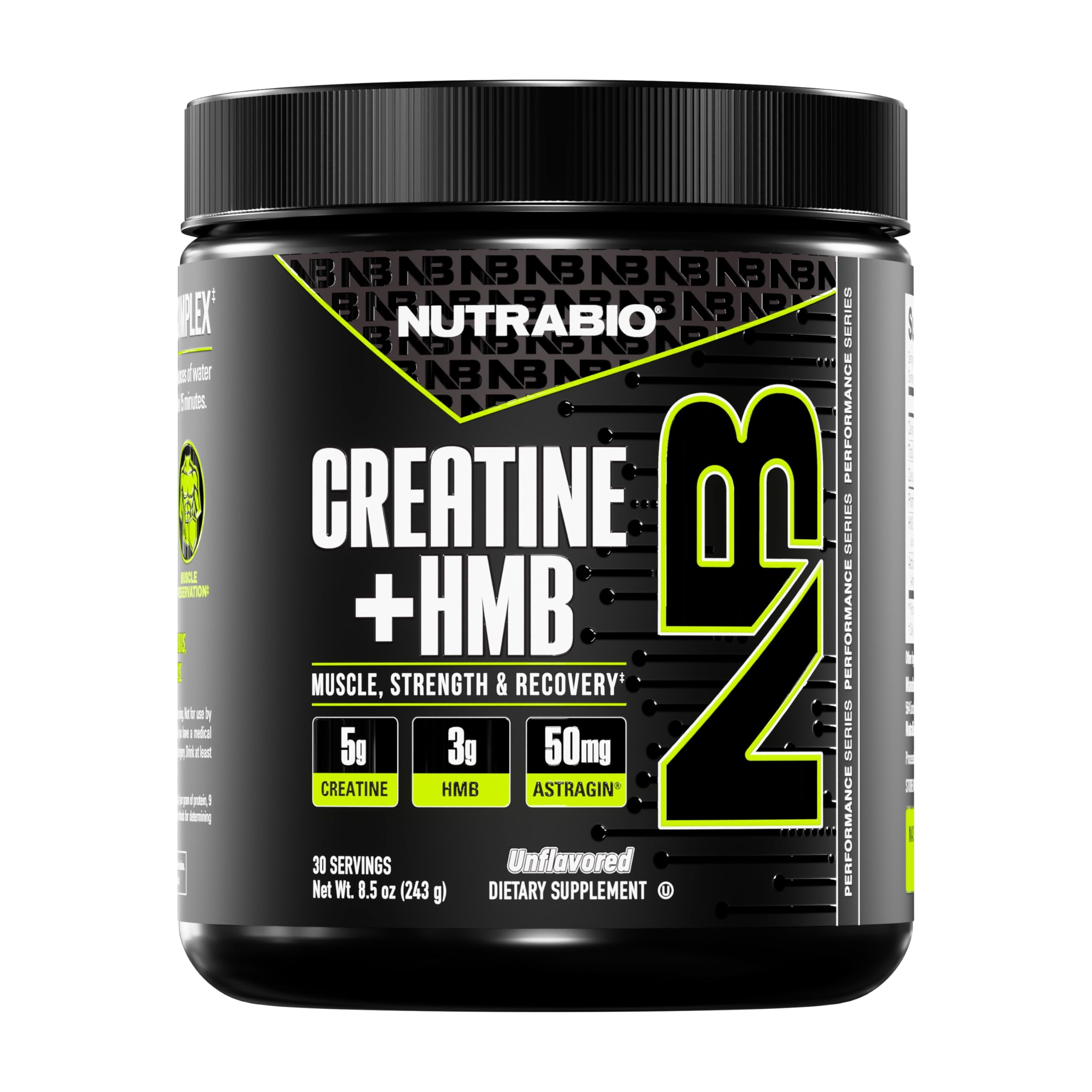 NutraBio Creatine + HMB powder bottle showcases the premium blend for muscle support.