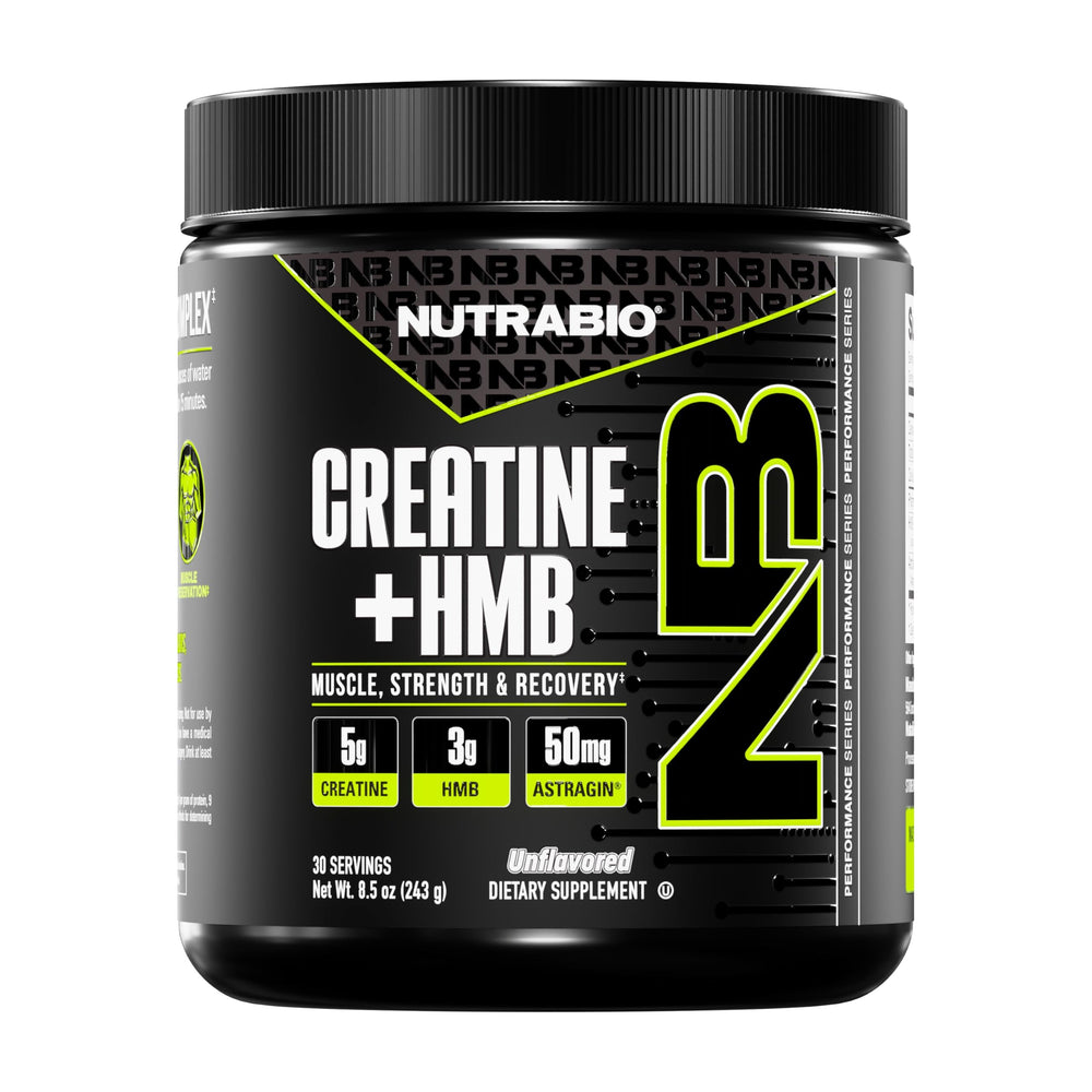 NutraBio Creatine + HMB powder bottle showcases the premium blend for muscle support.